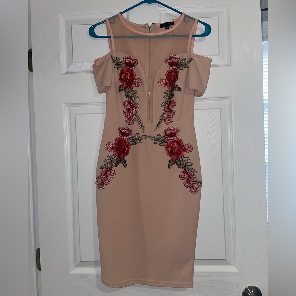 Baby pink mini dress with mesh neck and embroidered flower, detail, size small